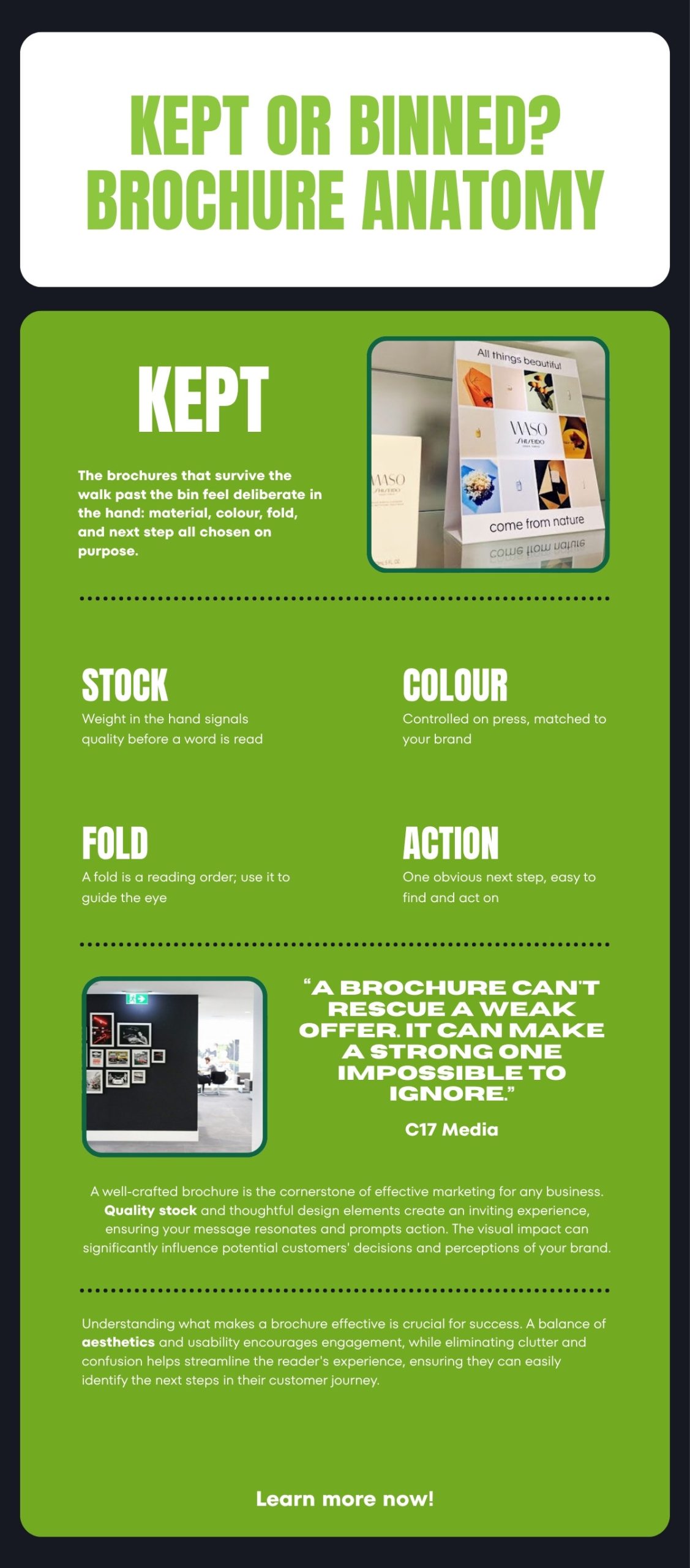 Infographic of what separates a kept brochure from a binned one: stock, colour, fold, and call to action, with real C17 Media print photos