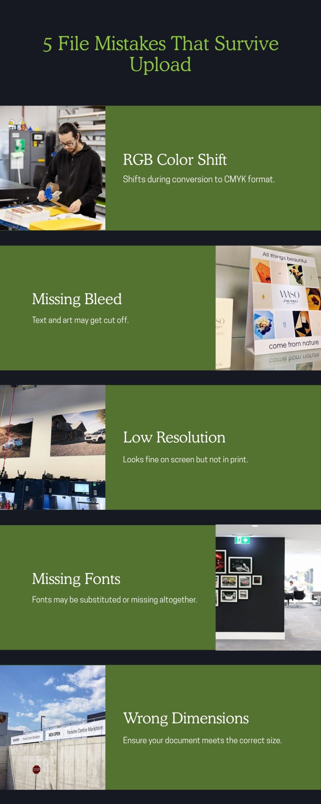 Infographic of the five print file mistakes that survive upload portals, illustrated with real C17 Media production and install photos