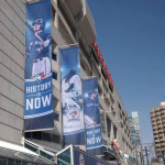 Large-format vertical stadium banners produced and installed by C17 Media on a Toronto sports venue exterior