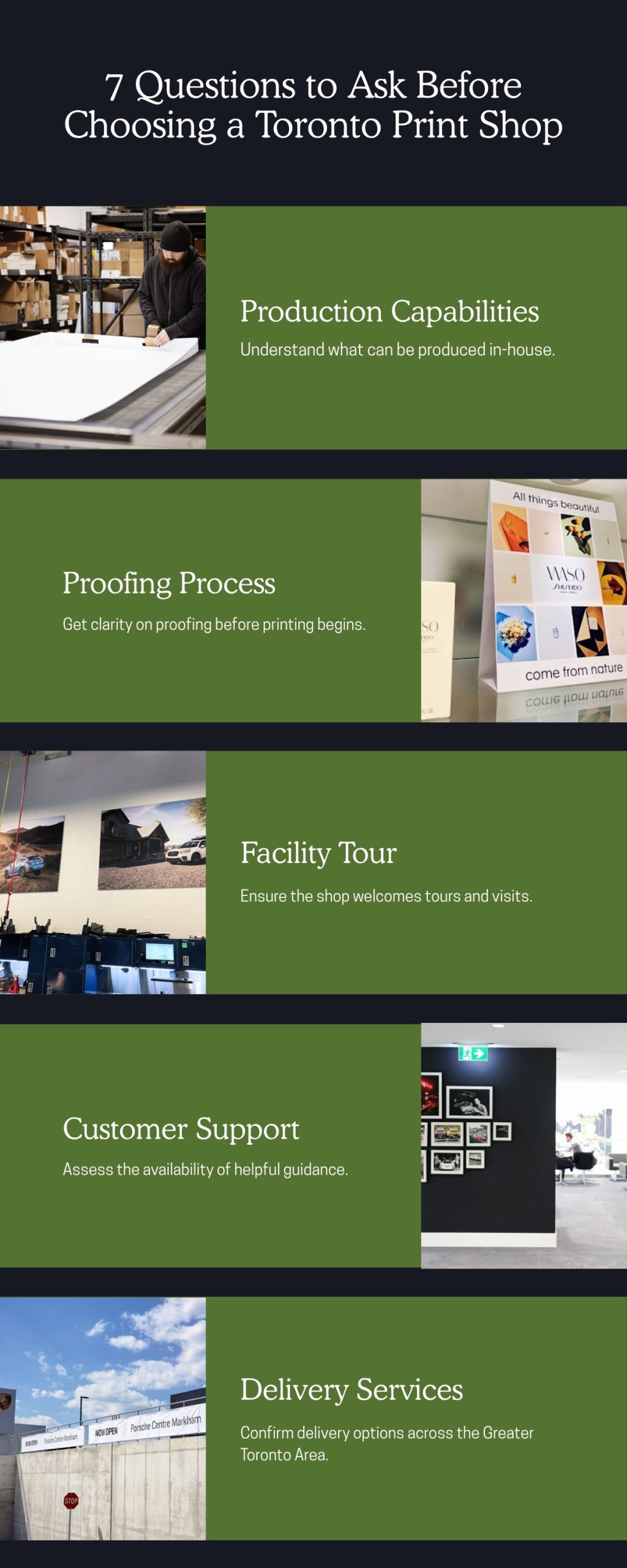 Infographic of questions to ask before choosing a Toronto print shop, illustrated with real C17 Media production, install, and dealership project photos