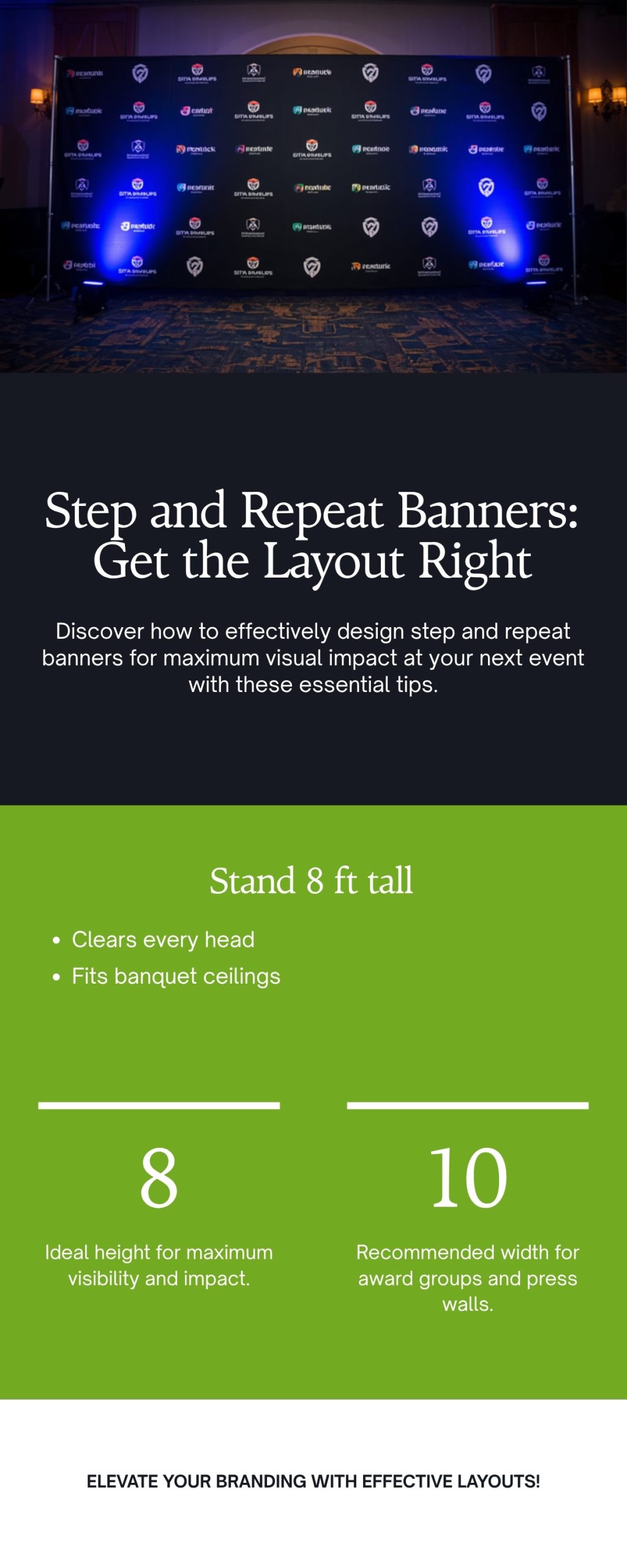 Infographic: step and repeat banner layout principles including 8 foot height, width by group size, staggered logo grid, photo zone placement, and matte fabric choice