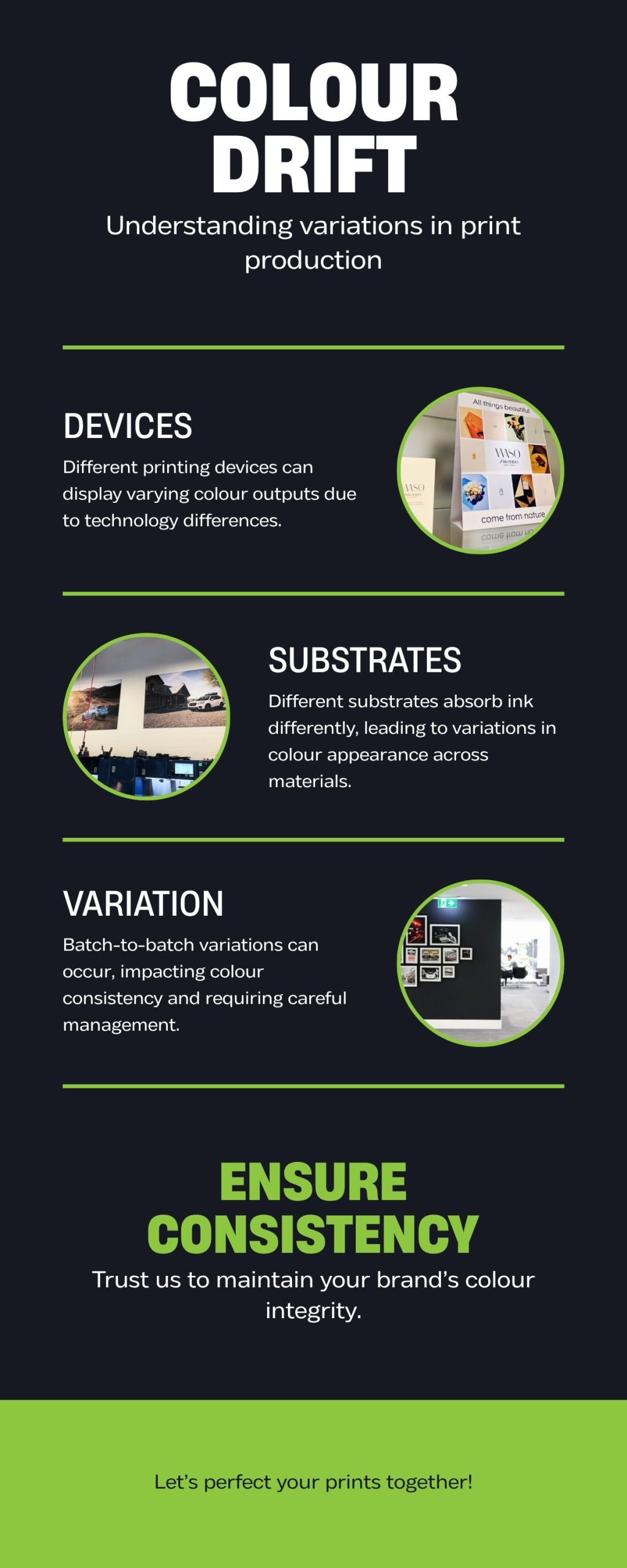 Infographic of why brand colours drift across print jobs and how a colour-managed shop controls it, with real C17 Media client work photos